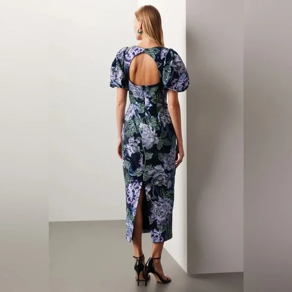 Marchesa Notte Floral Embroidered Puff Sleeve Sequin Midi Dress - Picture 4 of 11